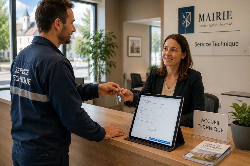 Remise de clé à l'accueil technique d'une collectivité