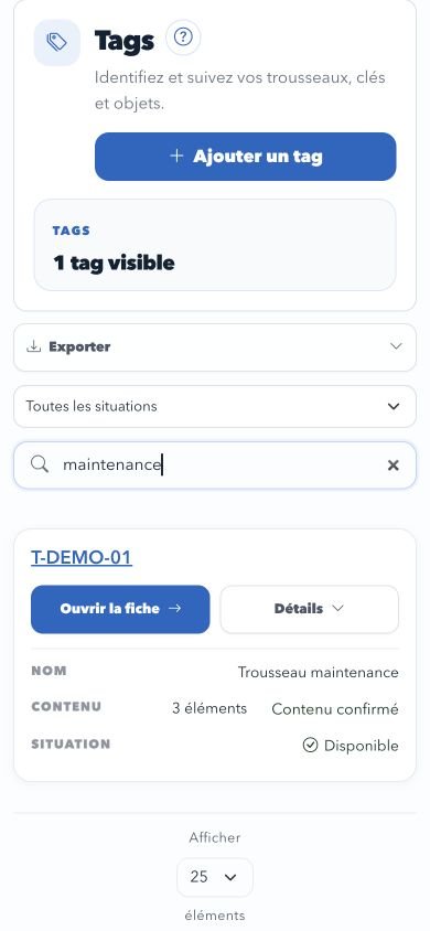 Liste des tags Clemax en mode clair sur écran iPhone, avec la recherche du trousseau maintenance