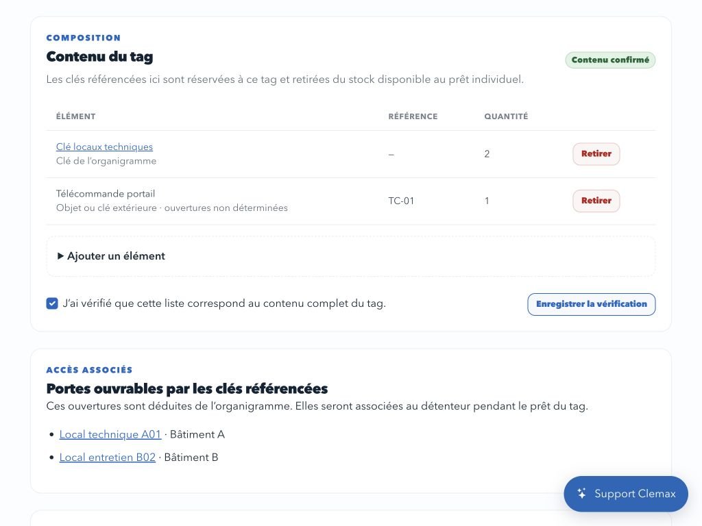 Contenu d’un tag Clemax sur tablette : deux clés, une télécommande, vérification et portes associées