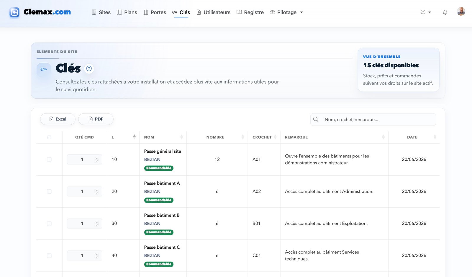 Capture Clemax.com de la liste des clés avec stock, crochets et remarques