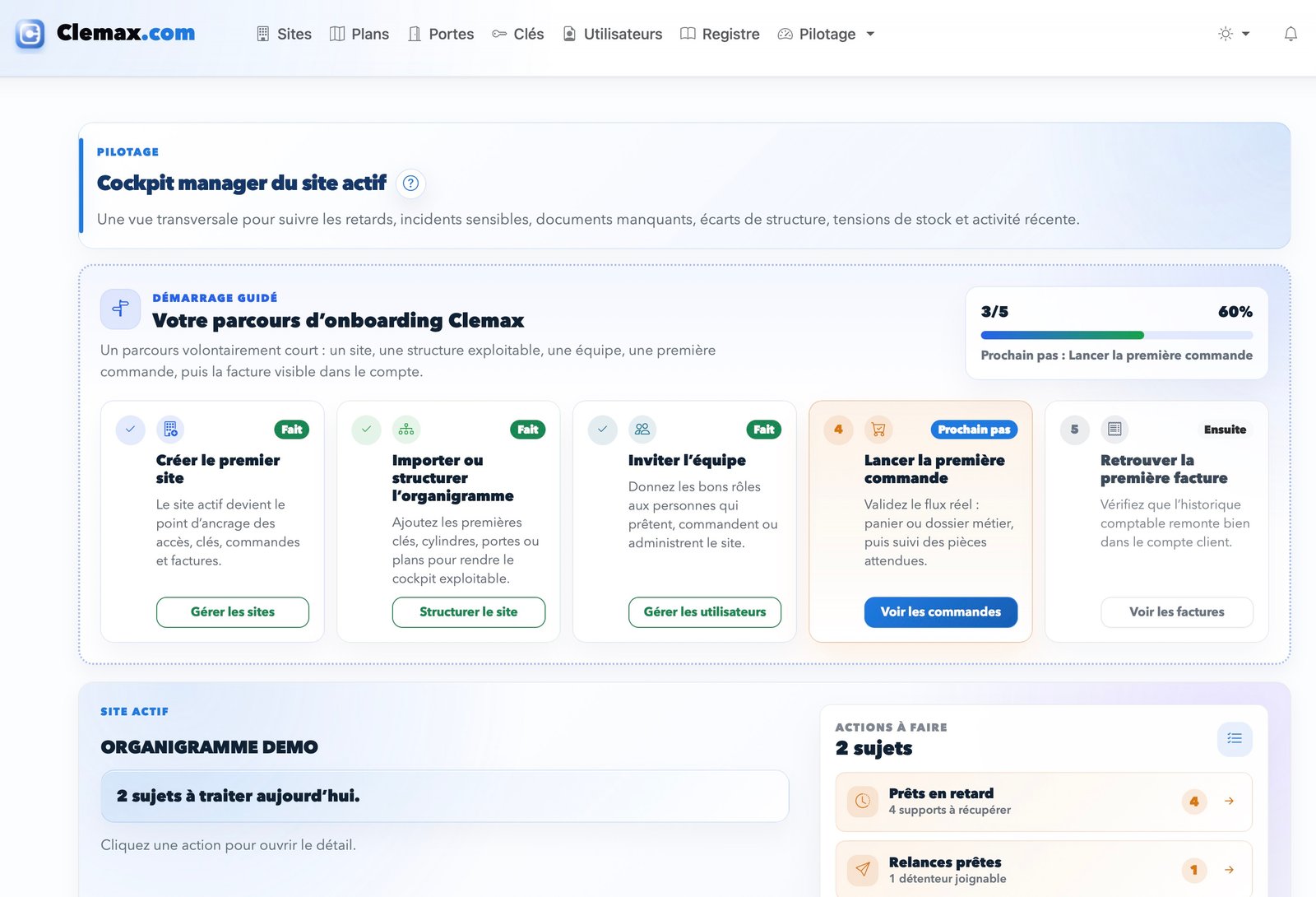 Capture Clemax.com du Cockpit Manager avec parcours d’onboarding et actions à traiter