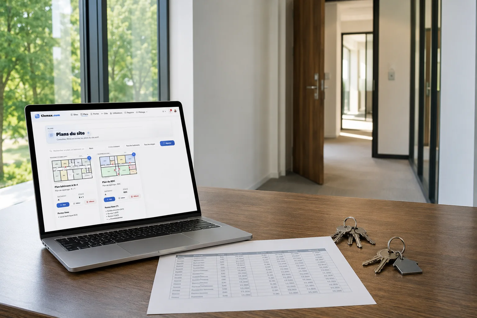 Ordinateur affichant les plans Clemax.com dans un bureau équipé