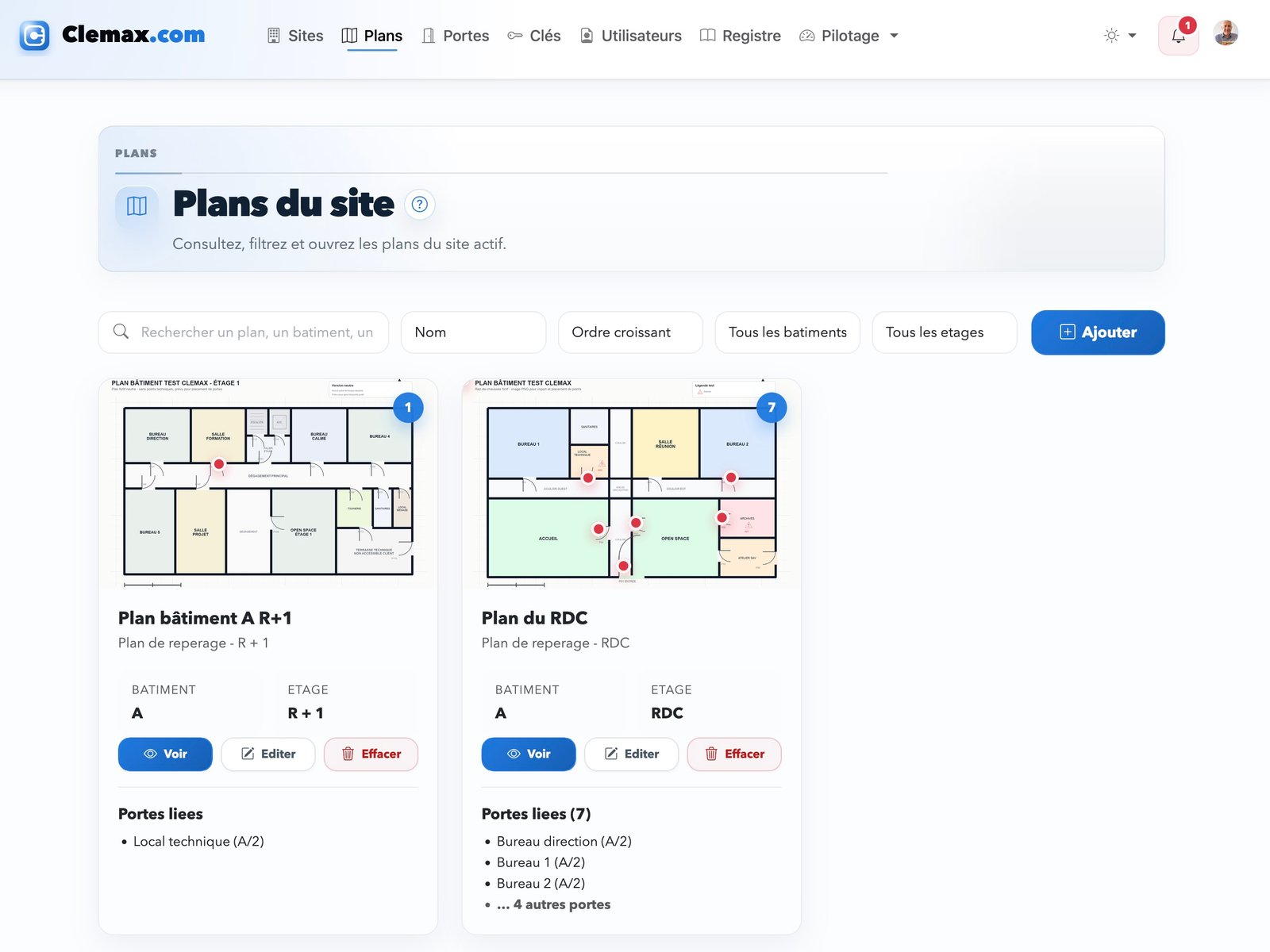 Capture Clemax montrant la liste des plans avec portes liées et repères