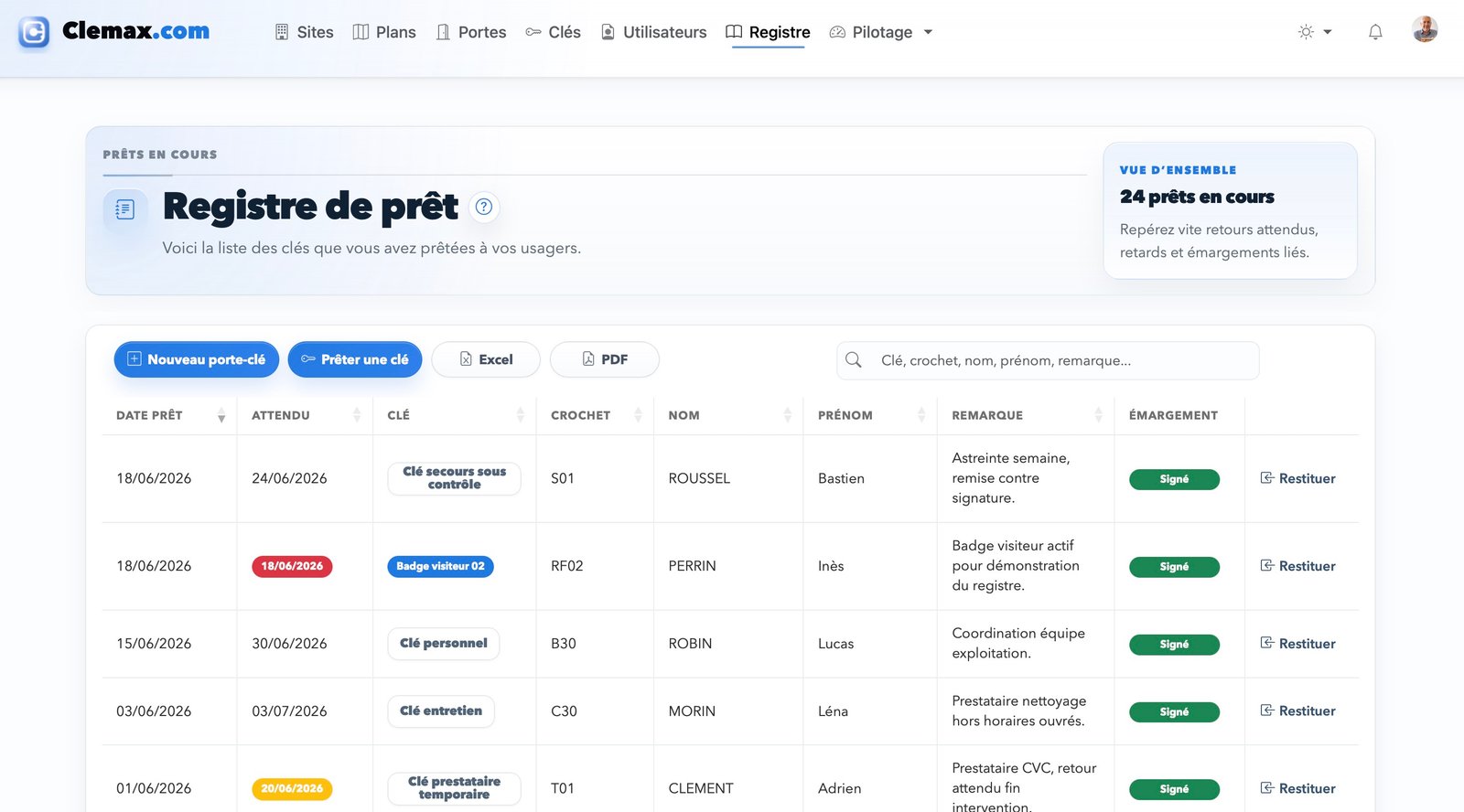 Capture Clemax.com du registre de prêt avec dates, signatures et action de restitution