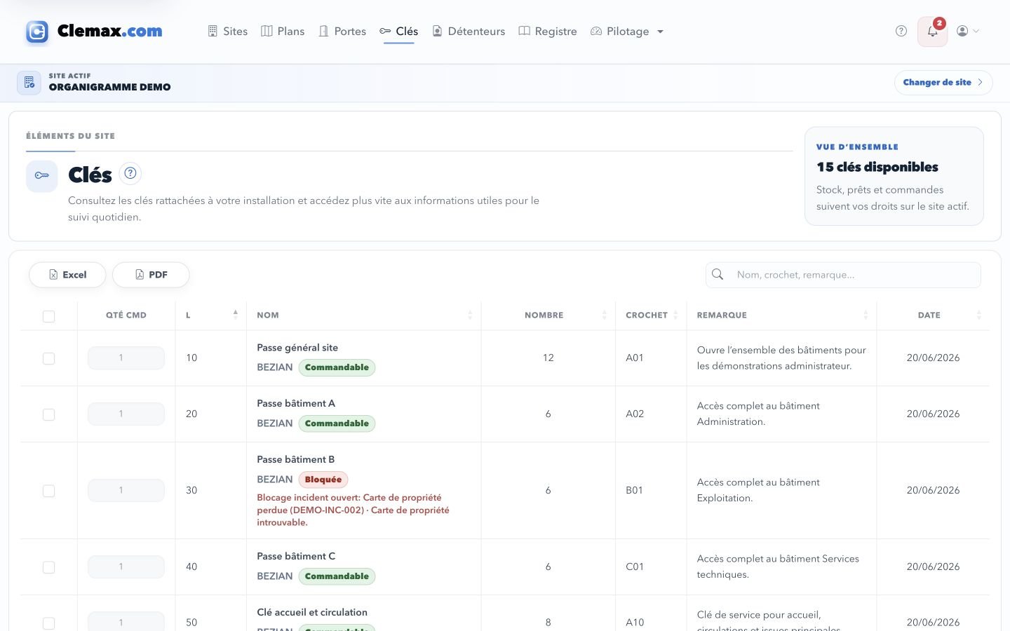 Capture Clemax montrant la liste des clés et le stock disponible