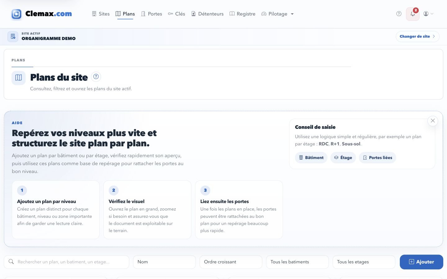 Capture Clemax montrant la liste des plans avec portes liées et repères