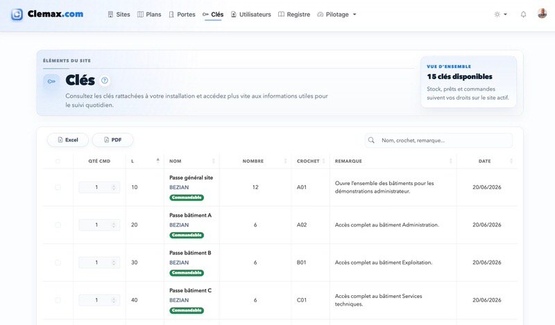 Capture Clemax montrant la liste des clés et le stock disponible